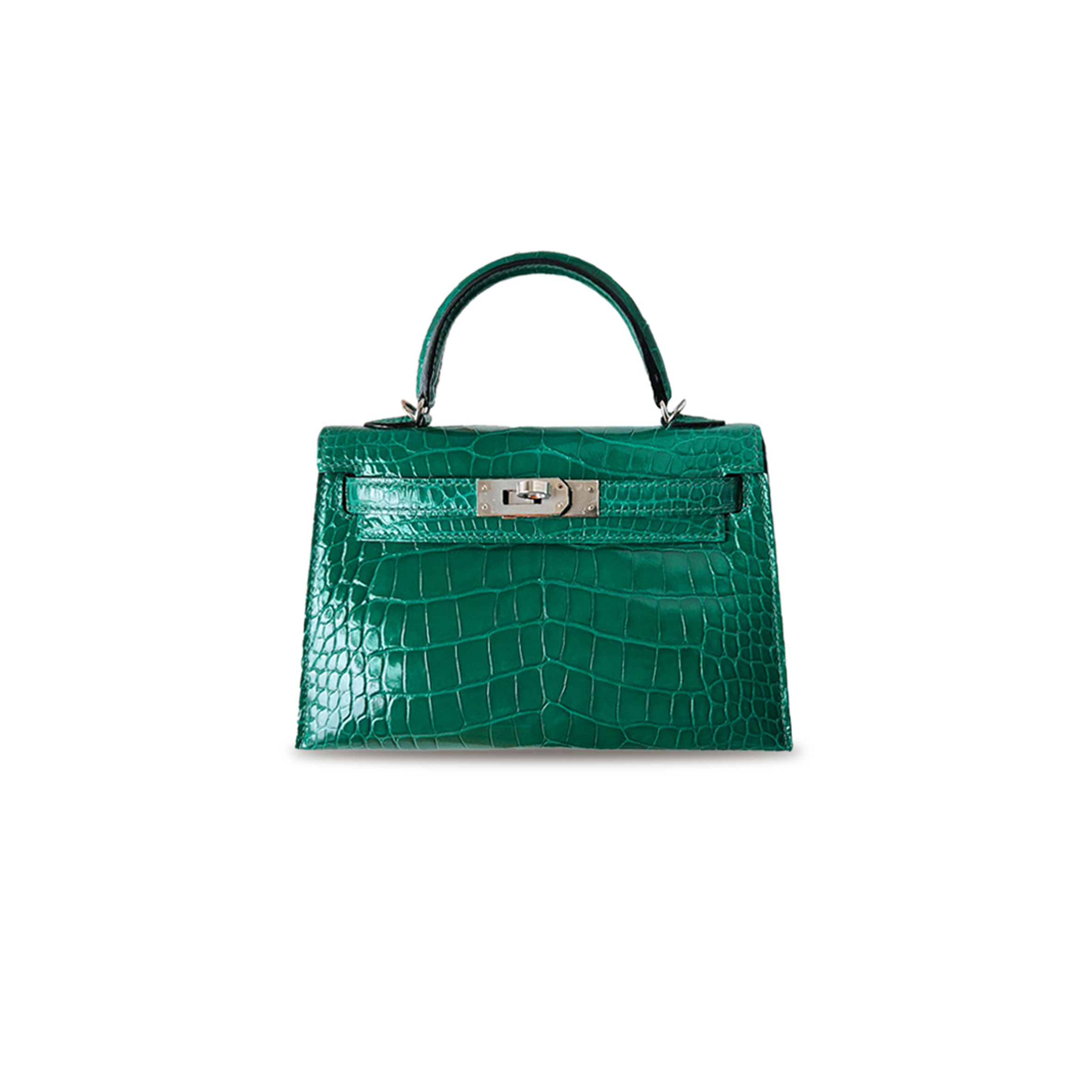 H**mes master mini kelly ii glossy crocodile emerald green silver buckle (19*12*5.5cm)